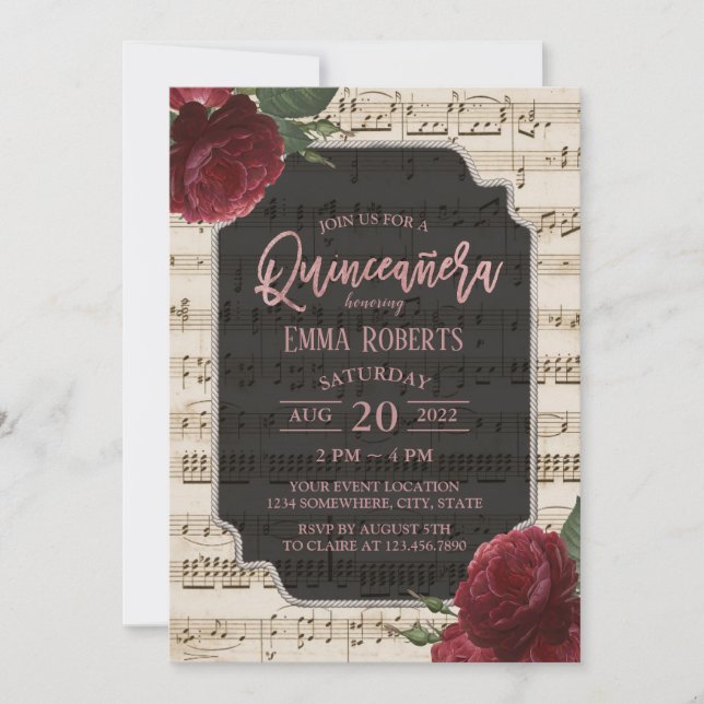 Invitación Quinceanera Burgundy Red Floral Music Birday (Anverso)
