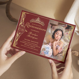 Invitación Quinceanera Burgundy Red Quinceanera con foto