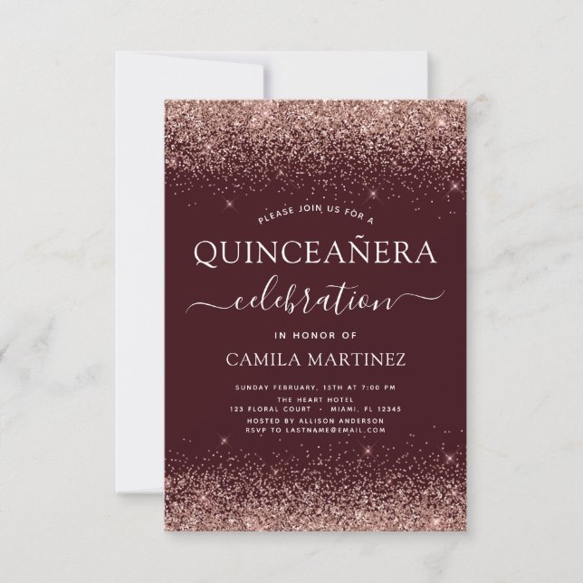 Invitación Quinceanera Burgundy Rosa oro Rubor rosa (Anverso)