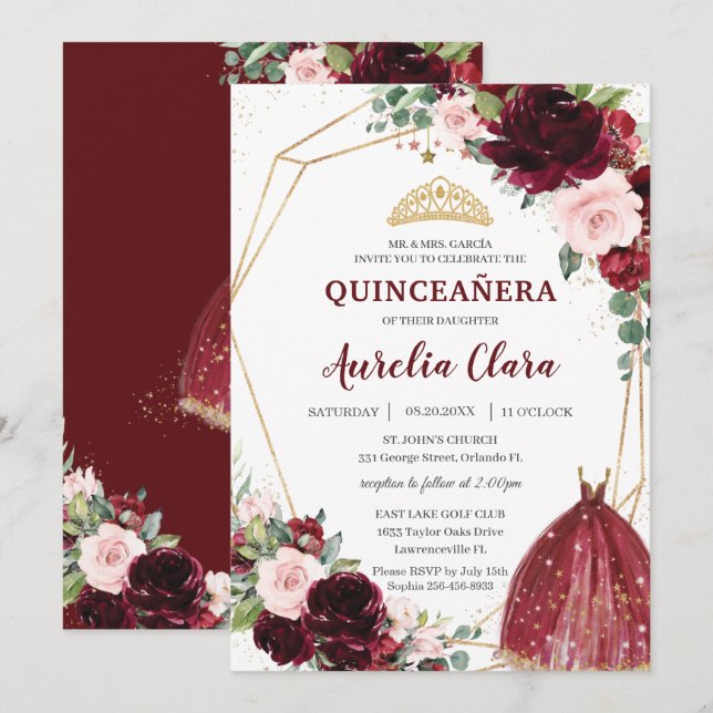 Invitación Quinceañera Burgundy Rosas florales rosados (Anverso / Reverso)