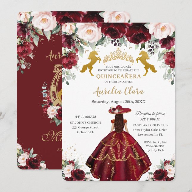 Invitación Quinceañera Burgundy Rubor Floral Charro Horses (Anverso / Reverso)