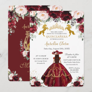 Invitación Quinceañera Burgundy Rubor Floral Charro Horses