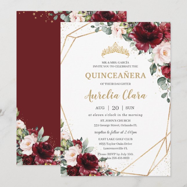 Invitación Quinceañera Burgundy Rubor Floral Geométrica Gold (Anverso / Reverso)