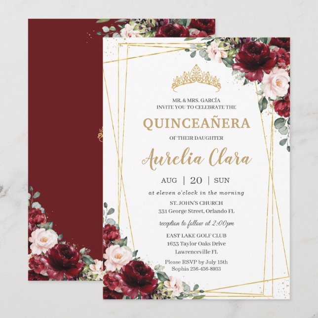 Invitación Quinceañera Burgundy Rubor Floral Geométrica Gold (Anverso / Reverso)