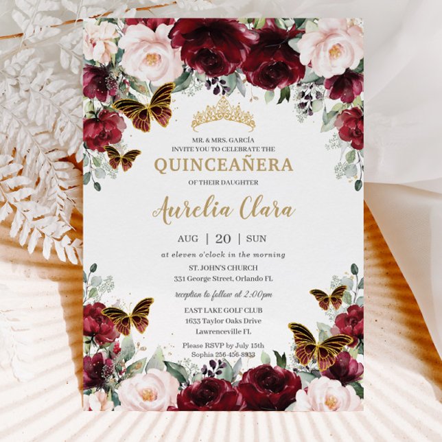 Invitación Quinceañera Burgundy Rubor Floral Gold Butterflies (Subido por el creador)