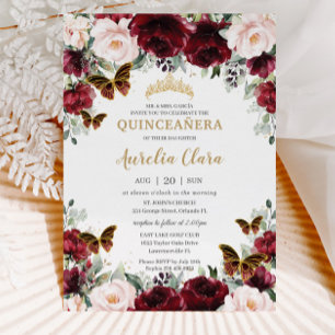 Invitación Quinceañera Burgundy Rubor Floral Gold Butterflies