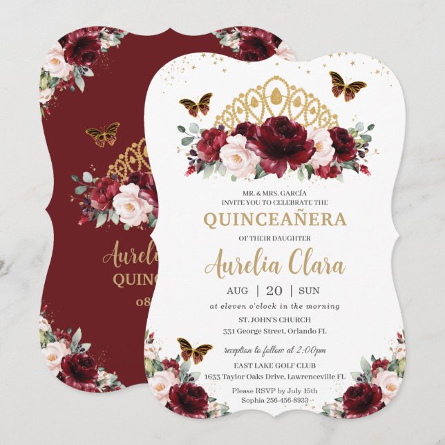 Invitación Quinceañera Burgundy Rubor Floral Gold Crown (Anverso / Reverso)