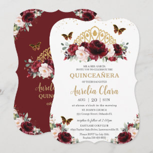 Invitación Quinceañera Burgundy Rubor Floral Gold Crown