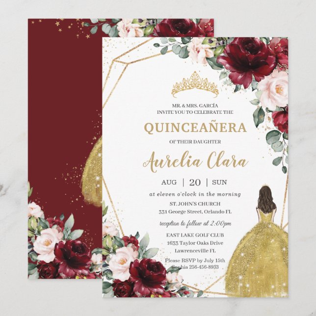 Invitación Quinceañera Burgundy Rubor Floral Gold Dress Crown (Anverso / Reverso)