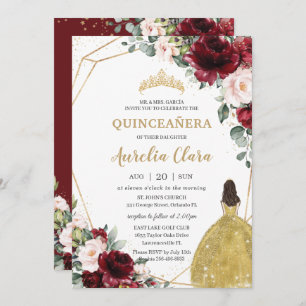 Invitación Quinceañera Burgundy Rubor Floral Gold Dress Crown