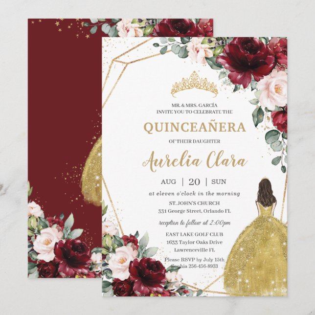 Invitación Quinceañera Burgundy Rubor Floral Gold Dress Crown (Anverso / Reverso)