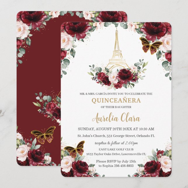 Invitación Quinceañera Burgundy Rubor Floral Paris Butterfly (Anverso / Reverso)