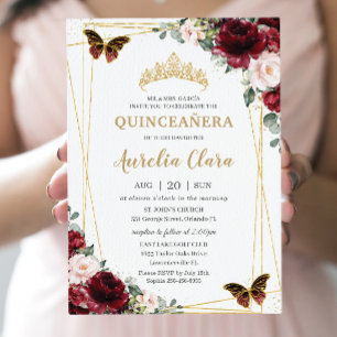 Invitación Quinceañera Burgundy Rubor Floral Princesa Tiara