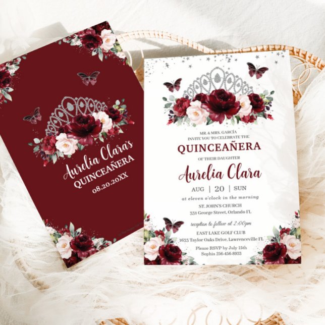 Invitación Quinceañera Burgundy Rubor Floral Silver Crown (Subido por el creador)