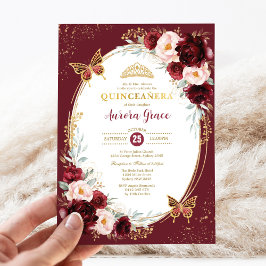 Invitación Quinceañera Burgundy Rubor Flores Mariposas