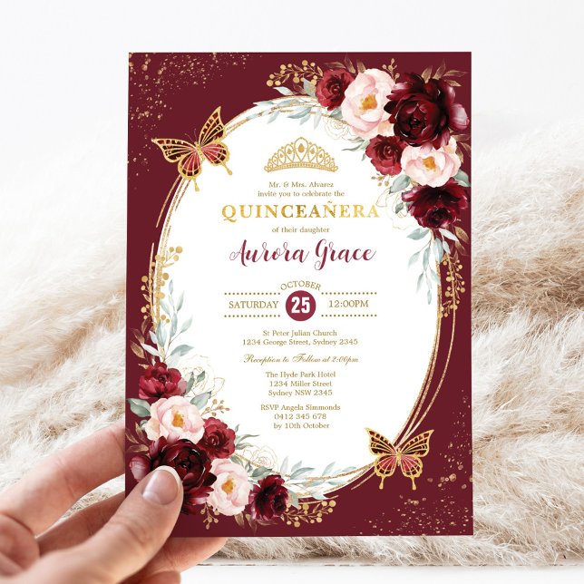 Invitación Quinceañera Burgundy Rubor Flores Mariposas (Subido por el creador)