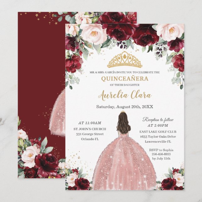 Invitación Quinceañera Burgundy Rubor Rosa Floral Vestido de  (Anverso / Reverso)