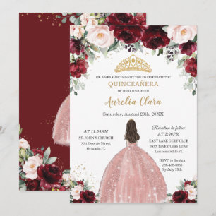 Invitación Quinceañera Burgundy Rubor Rosa Floral Vestido de 
