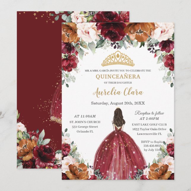 Invitación Quinceañera Burgundy Rubor Rust Floral Princess (Anverso / Reverso)