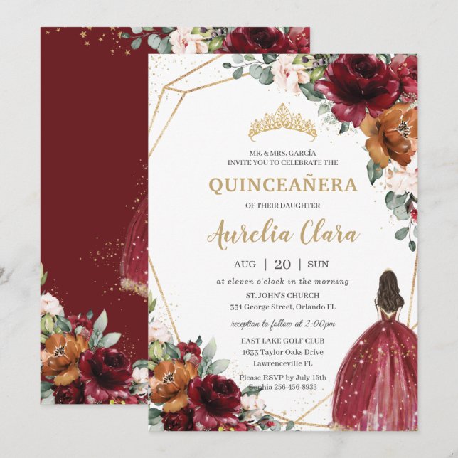 Invitación Quinceañera Burgundy Rubor Rust Floral Princess (Anverso / Reverso)