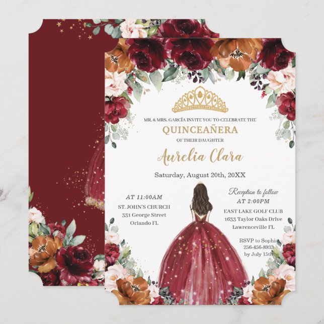 Invitación Quinceañera Burgundy Rubor Rust Floral Princess In (Anverso / Reverso)