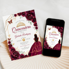 Invitación Quinceanera Burgundy Vestido Dorado Floral