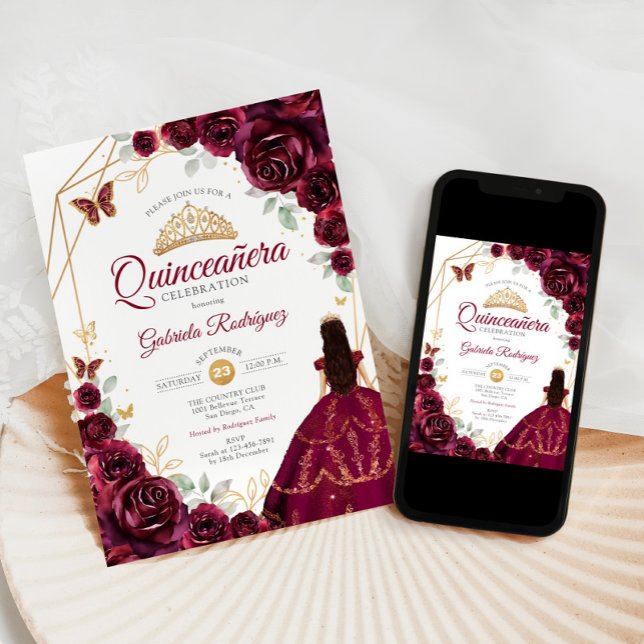 Invitación Quinceanera Burgundy Vestido Dorado Floral (Subido por el creador)
