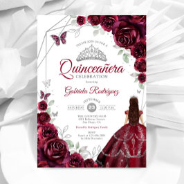 Invitación Quinceanera Burgundy Vestido Floral