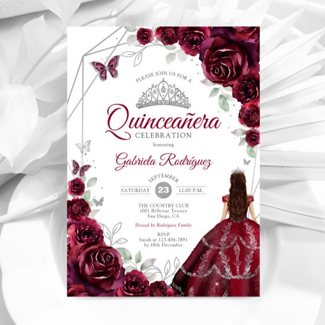 Invitación Quinceanera Burgundy Vestido Floral (Subido por el creador)