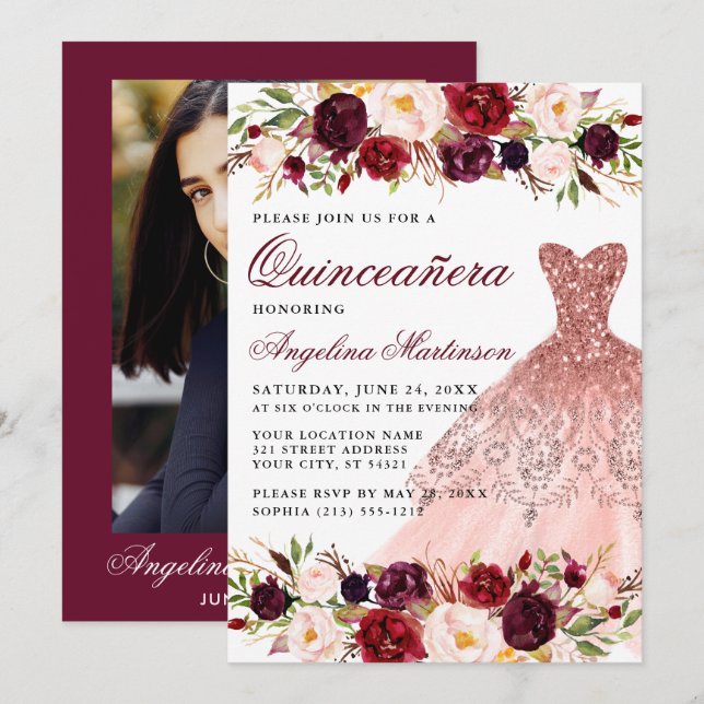 Invitación Quinceanera Burgundy Vestido Floral de vuelta (Anverso / Reverso)