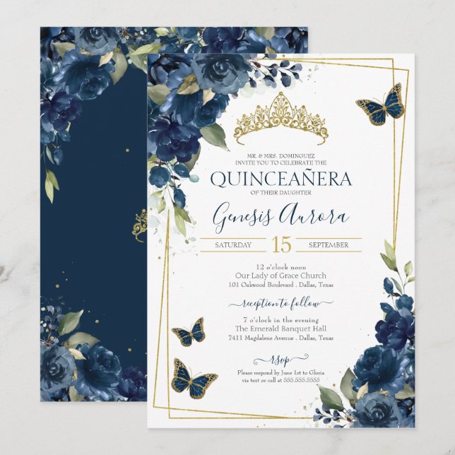 Invitación Quinceañera Butterfly Blue Watercolor Floral (Anverso / Reverso)