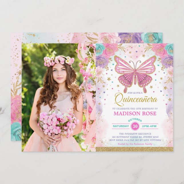 Invitación Quinceañera Butterfly Pink Purple Verde azulado Cu (Anverso / Reverso)