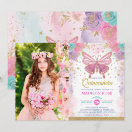 Invitación Quinceañera Butterfly Pink Purple Verde azulado Cu