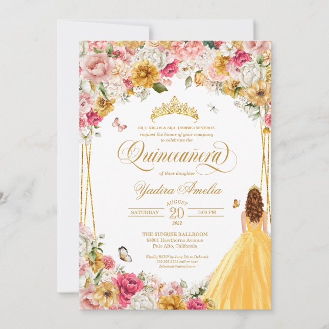 Invitación Quinceanera Butterfly Rubor Florencia amarillo ros (Anverso)