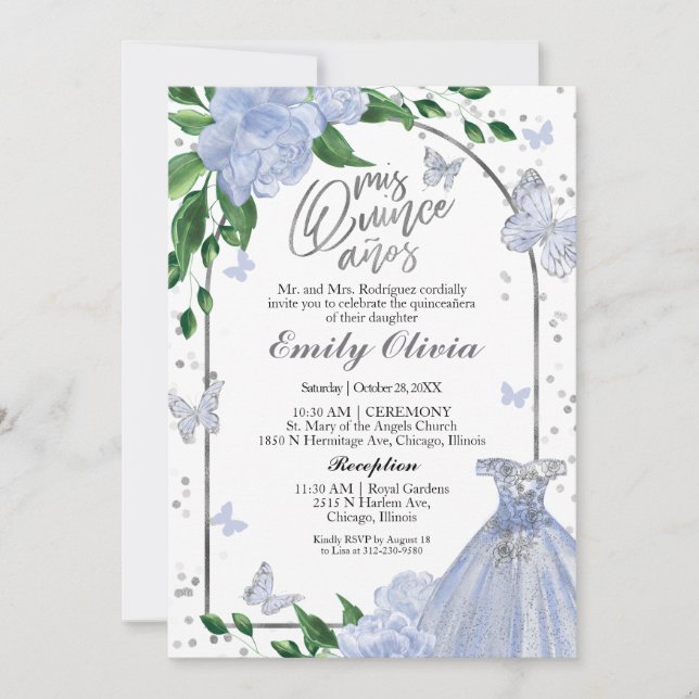 Invitación Quinceanera Butterflys Dusty Blue Gown (Anverso)