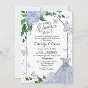 Invitación Quinceanera Butterflys Dusty Blue Gown