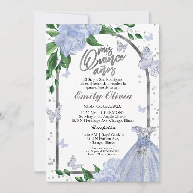 Invitación Quinceanera Butterflys Dusty Blue Gown Español (Anverso)