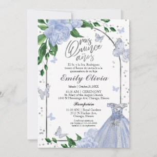 Invitación Quinceanera Butterflys Dusty Blue Gown Español