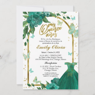 Invitación Quinceanera Butterflys Emerald Green Gown Español