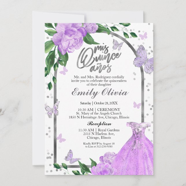 Invitación Quinceanera Butterflys Lavender Gown (Anverso)