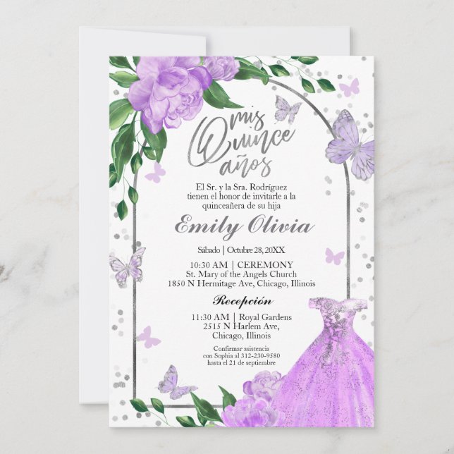 Invitación Quinceanera Butterflys Lavender Gown Español (Anverso)