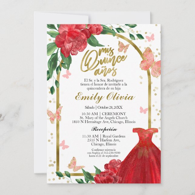 Invitación Quinceanera Butterflys Red Gown Español (Anverso)