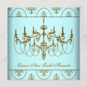 Invitación Quinceañera Candil Azul Teal Oro
