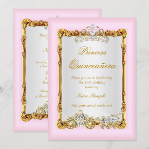 Invitación Quinceañera Carruaje de Caballo Dorado Rosa de Cue