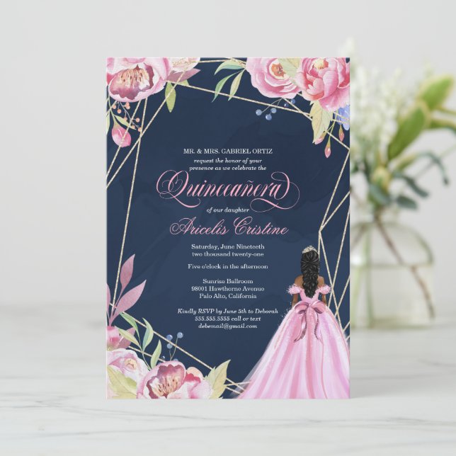 Invitación Quinceanera celebración afrolatina azul marino ros (Anverso de pie)