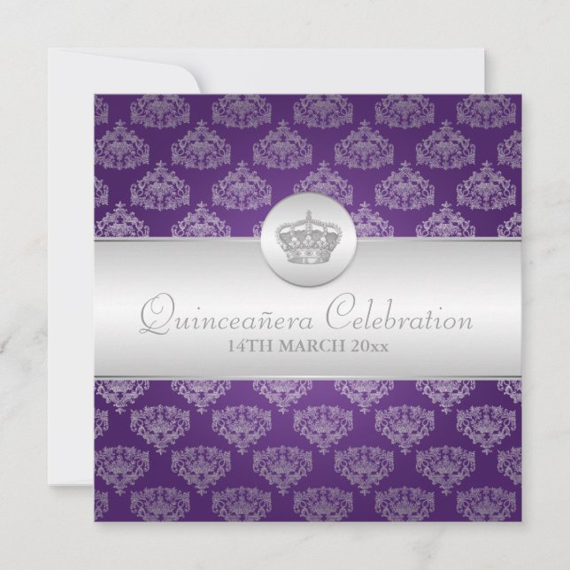 Invitación Quinceañera Celebración Fiesta Real Corona Púrpura (Anverso)