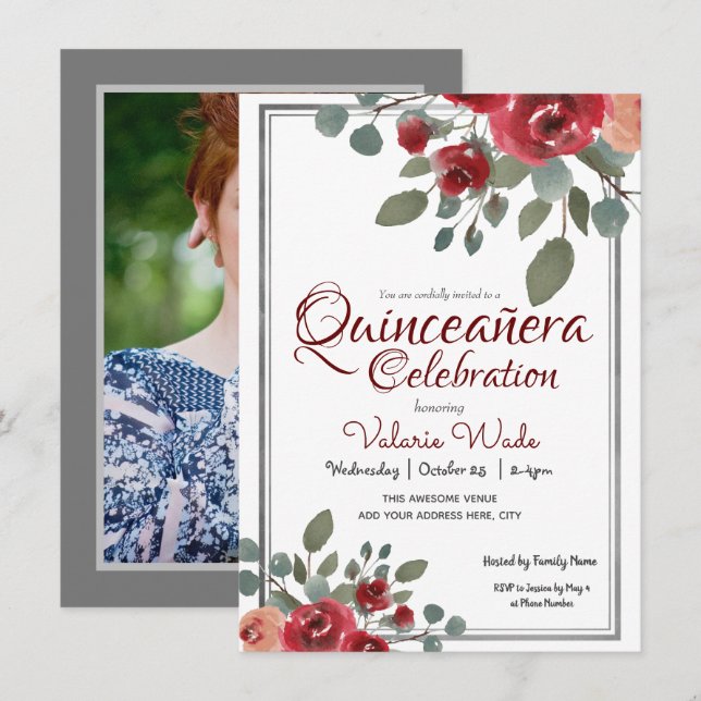 Invitación Quinceañera Celebración Rosas de acuarela Floral (Anverso / Reverso)