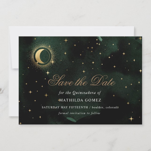 Invitación Quinceañera Celeste Gold Green salve la fecha (Anverso)