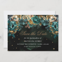 Invitación Quinceañera Celeste Verde Dorado Salva La Fecha