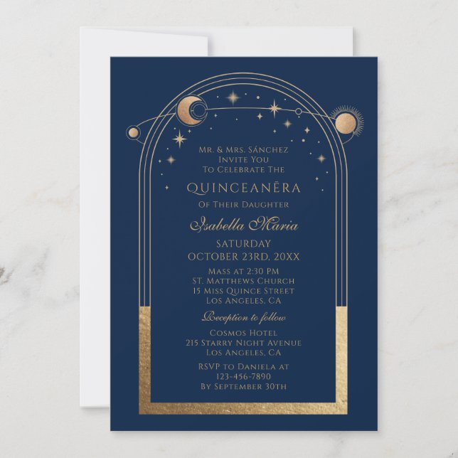 Invitación Quinceañera Celestial Azul Marino Dorado (Anverso)
